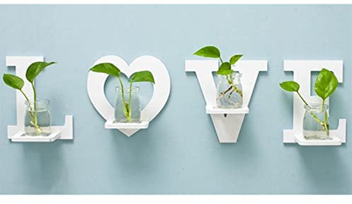 VIONNPPT Lot de 4 tentures murales en verre pour pots de fleurs - Panneau en bois à suspendre au mur - Lettres d'eau - Vase de fleurs - Terrariums - Décoration murale (Love)
