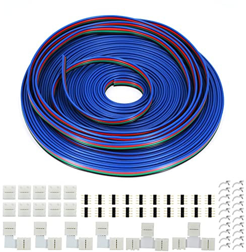RGB Verlängerungskabel 4 Polig, (20M/65.6ft) LED Verlängerungskabel, RGB Kabel 4-Polig, LED Strip Extension Kabel, inkl. T-förmige Stecker, L-förmige Stecker, Lückenlose Stecker, Befestigungsclips