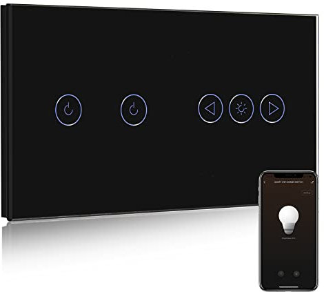 BSEED Smart Lichtschalter und Wlan Dimmer Lichtschalter 2 Fach 1 Weg Wifi Smart Led Lichtschalter arbeitet mit Alexa,Touch Lichtschalter Glas Touchscreen Schwarz(Neutralleiter Erforderlich)