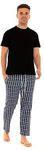 Style It Up Mens Woven Pyjamas Cotton PJ Set Short Sleeve Crew Lounge Top Soft Check Pants (Black, Blue, Large)