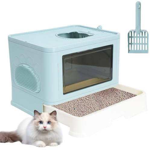 Katzentoilette Öffnung Oben, Katzentoilette mit Schublade, Fellbürste, Katzentoilette großes Fassungsvermögen, Blau, 48x38x36 cm