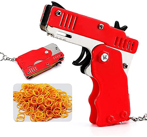 Metal Burst Collapsible Rubber Band, Safe Portable Rubber Bands Children's Keychain Toy, Portable Shooting Game Outdoor Indoor Activities Toy, for Boy Kids (Red)
