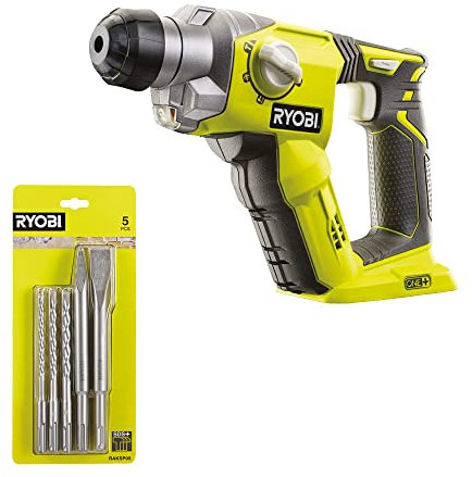 Lot de Ryobi - Marteau perforateur à batterie SDS-PLUS 18V 1.3 Joules (sans batterie) + Kit 3 forets (6 mm, 8 mm, 10 mm) et 2 burins SDS+ (1 pointe et 1 plat)