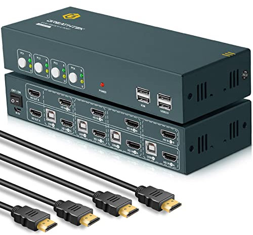 HDMI KVM Switch 2 Monitors 4 Computers 4K@60Hz, USB2.0,HDCP2.2, HDMI2.0, Button Switch, Hotkey Switch,KVM Switches HDMI with 8 HDMI and 4 USB cables