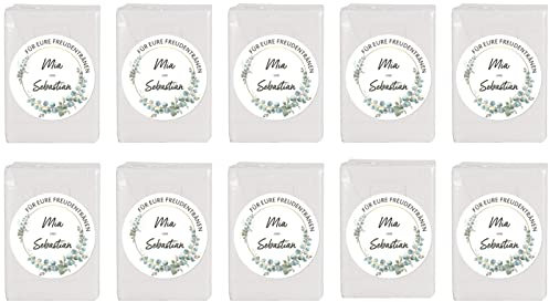 Herz & Heim® Taschentücher 10 x 10 in personalisierter Packung zur Hochzeit, verschiedene Motive Eukalyptuskranz