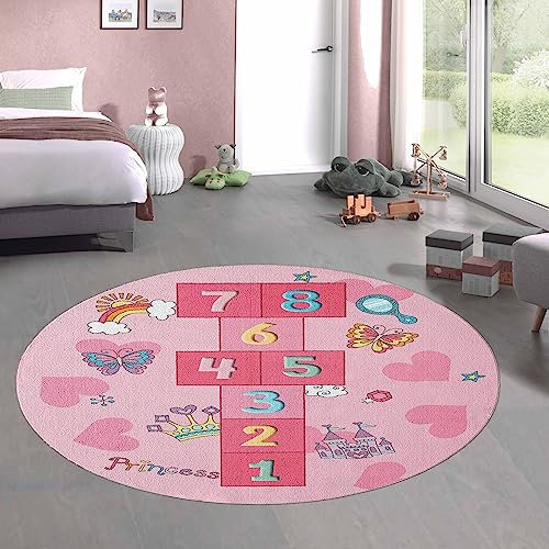 CARPETIA Hüpfkästchen Kinder-Spielteppich mit Herzen Krone & Prinzessinnen Burg in rosa, 200 cm rund
