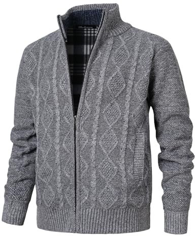 Herothorn Strickjacke Herren Langarm Stehkragen Cardigan Fleecejacke mit Zopfmuster Reißverschluss Jacke Gestrickt Pullover für Männer