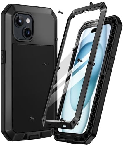 Focusor für iPhone 15 Hülle Metall,Handyhülle für iPhone 15 360 Grad Outdoor Stoßfest Heavy Duty Komplett Panzerhülle,iPhone 15 Schutzhülle Staubdicht Robust Armor Case mit Displayschutz,Schwarz