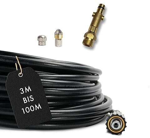M&M Smartek - Rohrreinigungsschlauch für/kompatibel zu Nilfisk GERNI Hochdruckreiniger Anschluss AG M22 x 1,5 IG für Bajonett Adapter & 2x rotierende Düsen 4-teilig (12 Meter)