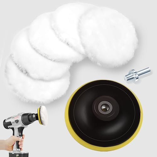 5 Stück Polierpad,Auto Polierhaube,Lammwollhaube,Lammfell pad,Polierset Set mit Pad Polierscheibe und M10 Bohradapter für Auto Polierauto (80mm) (80mm)