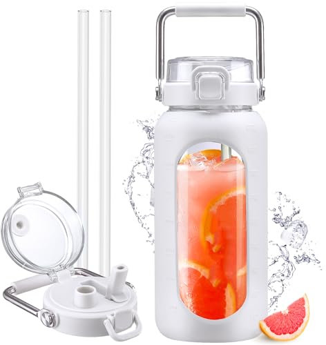 HYDRAGLAZIC 1900ML Glastrinkflasche mit Strohhalm und Edelstahlgriff, Wasserflasche glas mit Silikonhülle und Zeitmarker, Berwachung Ihrer täglichen Trinkflasche 2 liter, Weiß