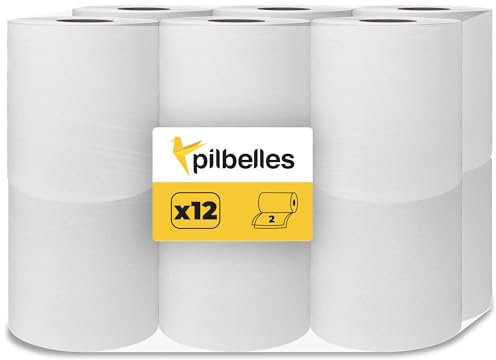 PILBELLES 12 Bobines Dévidage Central Essuie-Tout | Rouleaux Papier 2 Plis Blanc | 100 m/rouleau