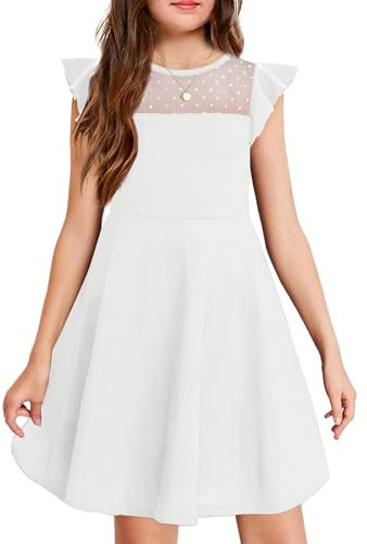 Arshiner Ragazze Abito Estivo Manica Volant Maglia A Linea Casual Abiti da Festa con Tasche 11-12 Anni Bianco 150