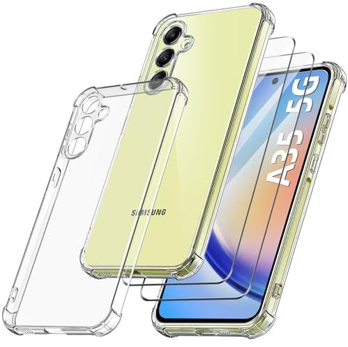 FLLAO Coque Antichoc Compatible avec Samsung Galaxy A35 5G et 2 Pièces Protection Écran en Verre Trempé, Étui de Silicone Mince Souple TPU Bumper Coins Renforcés Housse, Transparent