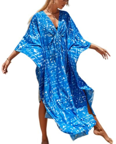 Baynetin Robe Caftan,Maxi Turc Kaftan Pareos Bohème Maillot De Bain Élegante Bikini Cover Up Imprimé Floral Kimono Boho Plage Peignoirs De Protection Taille Unique (Bleu)