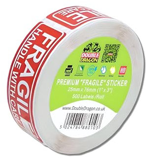 Double Dragon, 500 Fragile Sticker 1x 3 (25mm x 76mm), Fragile Handle with Care Warnaufkleber für Versand und Verpackung, 1x 3