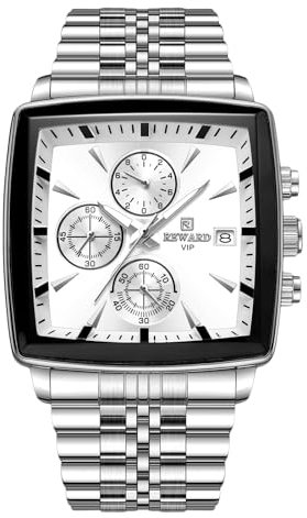 rorios Herren Quadratische Uhren Analog Quarz Armbanduhr Multifunktional Business Uhr Einfach Leuchtend Herrenuhr mit Edelstahl Armband Weiß B