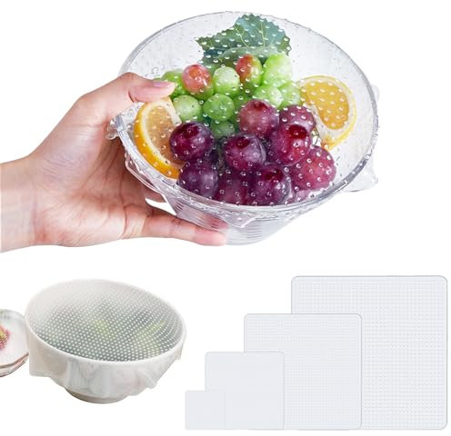 KASESSS 4 Piezas Tapas Silicona Ajustables Cocina, Tapas de Silicona Elasticas Cocina, Tapas Silicona Reutilizable, Tapa Silicona Ajustable de Cuadrada para Microondas, Horno, Nevera, Lavavajillas