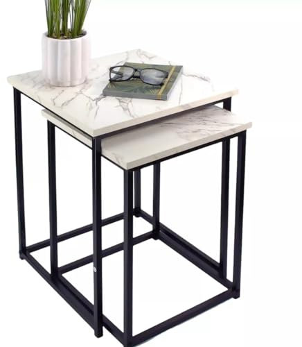 Dylex Square Coffee Table, Set of 2 Nesting Table with White Marble Effect Top Black Metal Frame, side tables For Living Room