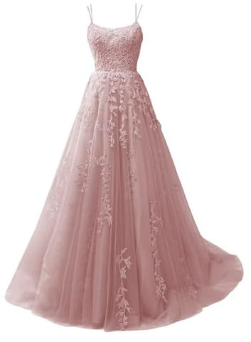 Robe de bal en tulle pour femme avec bretelles spaghetti, robe de bal longue en dentelle avec poches, robes de mariage pour femmes, vieux rose, S