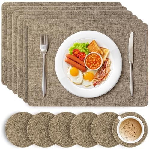HEFTMAN Gold Placemats and Coasters - Set of 6 Large PU Leather Coasters and Place Mats for Table, Heat Resistant up to 100℃, Stain Resistant Wipe Clean Placemats, 43cm x 30cm