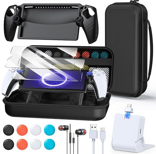 FYOUNG 14 in 1 Zubehör-Kit für PlayStation Portal, Taschen Bundle und magnetische Ladestation für PS5 Portal mit Schutzhülle, 2 Schutzfolien, Kabelgebundene Kopfhörer, 8 Thumb-Stick Grip(Schwarz)