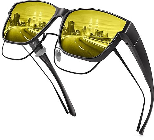 URUMQI Nachtsichtbrille für Autofahrer Herren Damen Überzieh Nachtsichtbrille Gelb Getönte Polarisierte Gläser Nachtbrille zum Autofahren Blendschutz Ultra Leicht Mattes Schwarz Rahmen