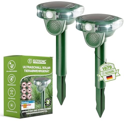 ISOTRONIC Ultraschall Solar Tiervertreiber, Katzenschreck, Hundeschreck, Wildtiere | 5m Reichweite je Gerät | einstellbare Frequenz | 2 Stück