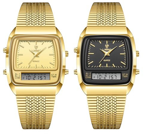 JewelryWe Herrenuhr Digital Quarz Uhr: 2pcs 30m Wasserdicht Analog Armbanduhr Digitaluhr Herren Gold Edelstahl Armband Chronograph Uhr mit Rechteckig Zifferblatt, Kalender, Wecker, Stoppuhr, Dualzeit