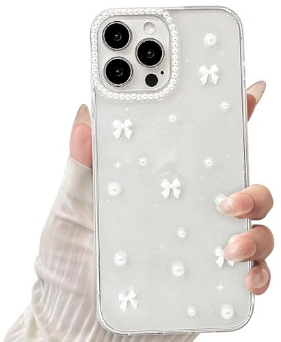 NITITOP Compatible with iPhone 12 Pro Max Case Clear Cute for Women Girls Glitter with 3D Bowknot Pattern Pearl Design Bling Sparkly Protective Phone Cover - White