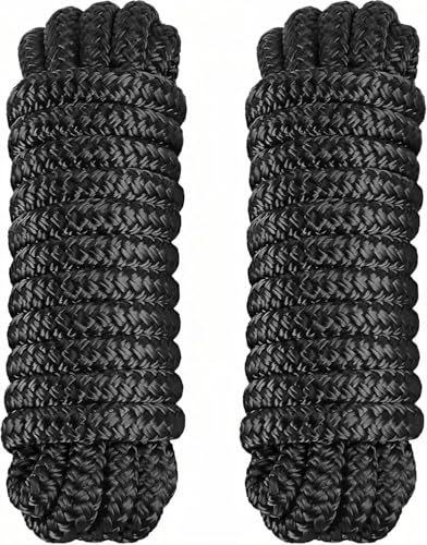 Dock Lines 2 Pack 3/8 x 15' Nylon Boat Dock Lines with 12 Eyelet, Double Braided Boat Rope, Marine-Grade Dock Lines for Boats, Easy to Use Boat Ropes for Docking, Black Boat Lines, PACTHSD