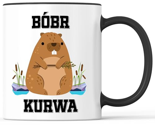 Tasse mit Spruch Bobr Kurwa Becher Bóbr Bober Meme lustig Kurva - lustiges Geschenk - Kaffeebecher als Geschenkidee - Kaffeetasse 330ml - Weiss-Schwarz