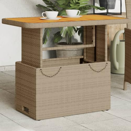 Homvdxl 90x55cm Kleiner Gartentisch Höhenverstellbar Rattanoptik Terrassendeck Möbel Outdoor mit Holztischplatte (Beige)