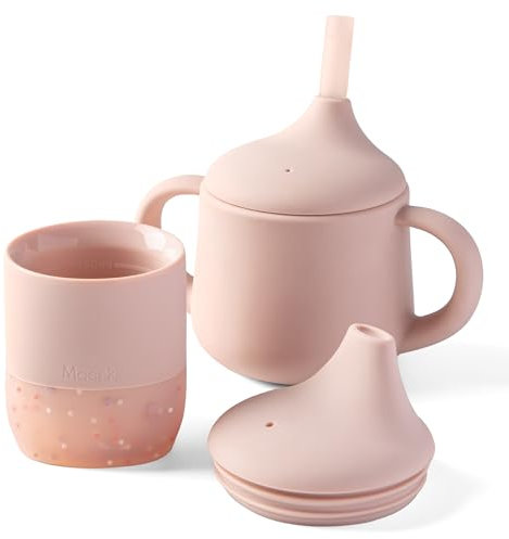 Moonkie Baby Sippy Cup Set, Silicone Baby Cups 2oz & 3 Stages Toddler Training Bottle 4oz, Weaning Essential for 4M+, BPA Free, with Capacity Markings, for Toddler 6-12 Months(Blush Set)