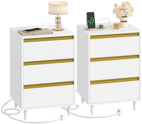 HEXCELEN Bedside Table with Power Strip, Set of 2 Side end Table with 3 Drawers, 2 AC Outlets, 1 Type-C Port, 1 USB Port, Nightstand with 4 Detachable Foot Braces, for Bedroom, Living Room, White