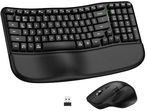 Ensemble clavier et souris ergonomiques, Bluetooth/2.4G sans fil Ergo Wave Clavier incurvé avec repose-paume rembourré et 6 niveaux DPI réglable Souris silencieuse, multi-appareils pour Windows/Mac