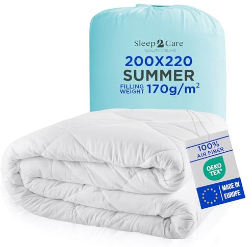 Sleep2Care Sommerdecke 200x220 cm | Leichte & Kühlende Bettdecke für Sommer & Heiße Nächte | Atmungsaktiv & Waschbar bei 60°C | Öko-Tex Zertifiziert | Füllung 170g/m² | Hergestellt in EU