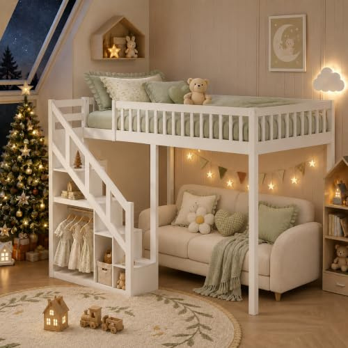 BEIJIALY Etagenbett für Kinder, 140 x 200 cm, Doppelhochbett, Hüttenbett für Kinder, multifunktional, mit Treppe und Schließfächern, stabile Rampe, Fallschutz, Lattenrost, ohne Matratze, weiß