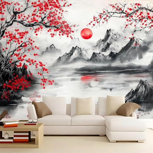 Fototapete Selbstklebend Chinesische Landschaft 3D Effekt Foto Tapete Berg 150x105 cm Seidenstoff Wandtapete Wohnzimmer Schlafzimmer Bildtapete für Wand Deko A-4433