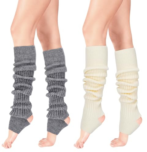 XEPST 2 Paires Jambière Tricotées pour Femme et Fille, Douces Guêtres Longue Fitness Yoga Jambière Chaussette de Yoga Sport Botte pour Danse Ballet, Blanc + Gris, 25 cm