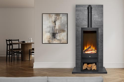 Acantha Tile & Hearth Set in Slate Effect with Horizon Stove & Log Storage