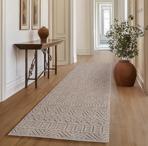 SIMPEX Teppich Läufer 80x150 cm Beige Vintage Design Bouclé Schlingenflor Skandi Stil Superweich Robust Pflegeleicht Moderner Flurteppich für Eingangsbereich Schlafzimmer Küche