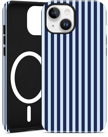 Jusy Magnetische Gestreifte Hülle für iPhone 15, Tiefblau | Aesthetic Striped Sommer Muster Handyhülle, Kompatibel mit MagSafe, Zweischichtige Stoßdämpfend