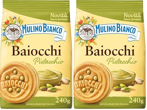 Mulino Bianco Biscotti Baiocchi al Pistacchio, Biscotti con Pistacchio e Pastafrolla Ideali per Colazione o Merenda, Senza Olio di Palma, 1 Sacchetto da 240g (Confezione da 2)