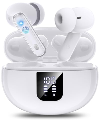 EUQQ White Wireless Headphones - Bluetooth 5.4 with Transparent Mode, ANC&ENC Deep Noise Cancellation, Stereo Microphone, 46 Hours Playtime, LED Display, IP7 Waterproof