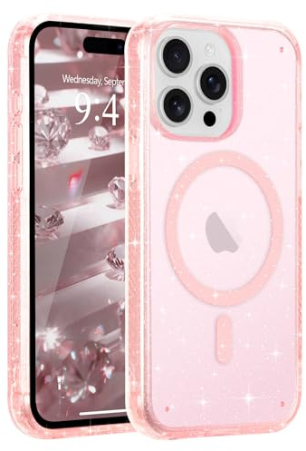 Micoden for iPhone 15 Pro Max Clear Case Glitter Compatible with Magsafe | Magnetic Non-Yellowing,Bling Sparkly Phone Case,Soft TPU Full Camera Protection Shockproof Cover for Women Girls-Pink