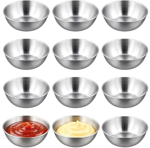 CHIHEUNG 12 Stück Edelstahl-Dip-Schalen, 95 ml, kleine Metallschalen, stapelbare Soßenschalen für Vorspeisen, Snacks, Saucen