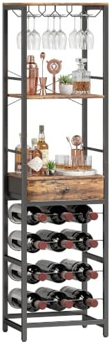 HOMCOM Mueble de Bar para Vinos con Cajón 40x30x148 cm Marrón Rústico | Soporte de Copas, Botellero para 12 Botellas, Estante Abierto, Estilo Industrial, para Cocina, Comedor y Bar