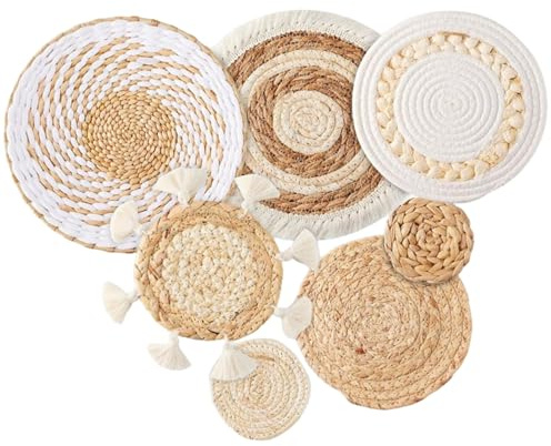 Pesoncarl Panier Mural Boho, Ensemble de 7 tentures murales Plates et Rondes en macramé, décor Boho tissé en Paille pour Salon, Chambre à Coucher, Salle à Manger, Style 2, Jardin