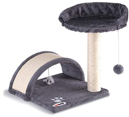 Petlicity Deluxe Cat Bed and Sisal Scratch Post Centre with Soft Plush Finish, Thick Heavy Duty Sisal Scratch Post, Sleeping Area (Grey)